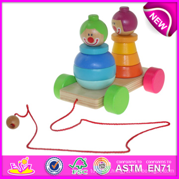 Jouet en bois coloré de traction pour les enfants, tirant d&#39;empilage Clown pour les enfants, jouet en bois drôle de jouet de jouet et poussoir en bois W05b070